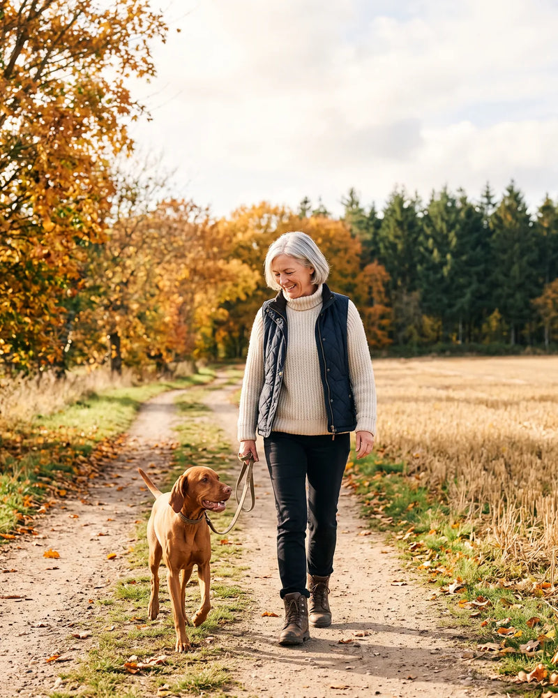 Frau beim Spaziergang mit ihrem Hund auf einem Feldweg