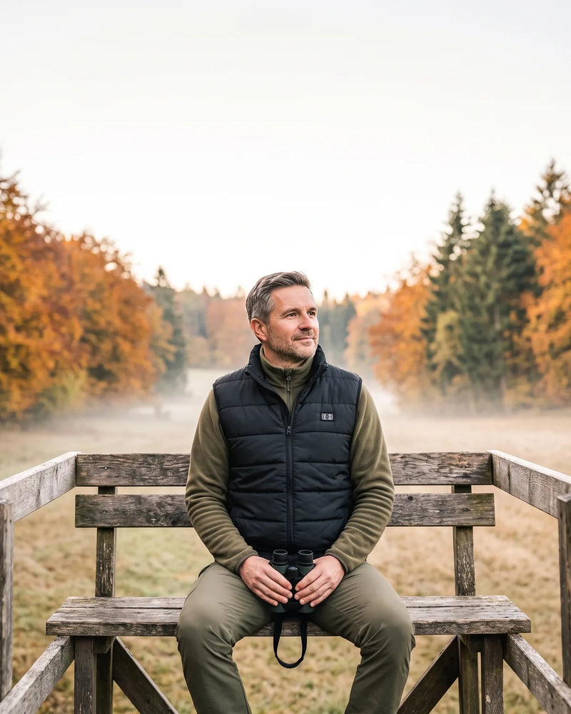 Mann in beheizter Weste auf einem Hochsitz am Morgen