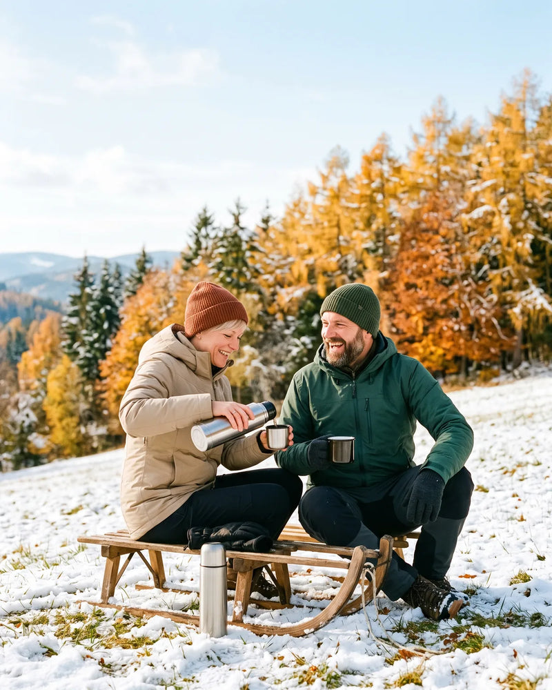 Zwei Freunde machen auf einem Schlitten Pause im ersten Schnee