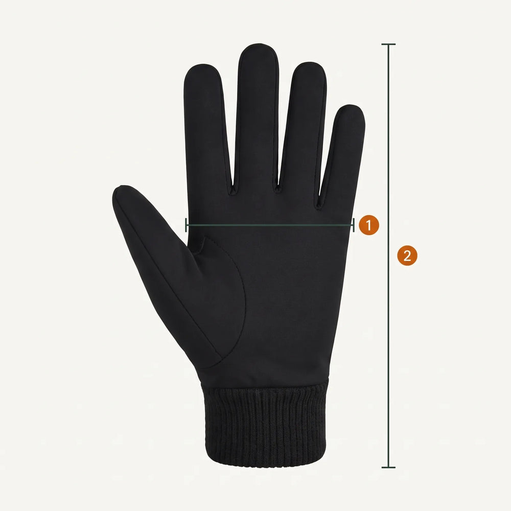 Flach liegender Handschuh mit zwei Messlinien: 1 Breite der Handfläche, 2 Gesamtlänge
