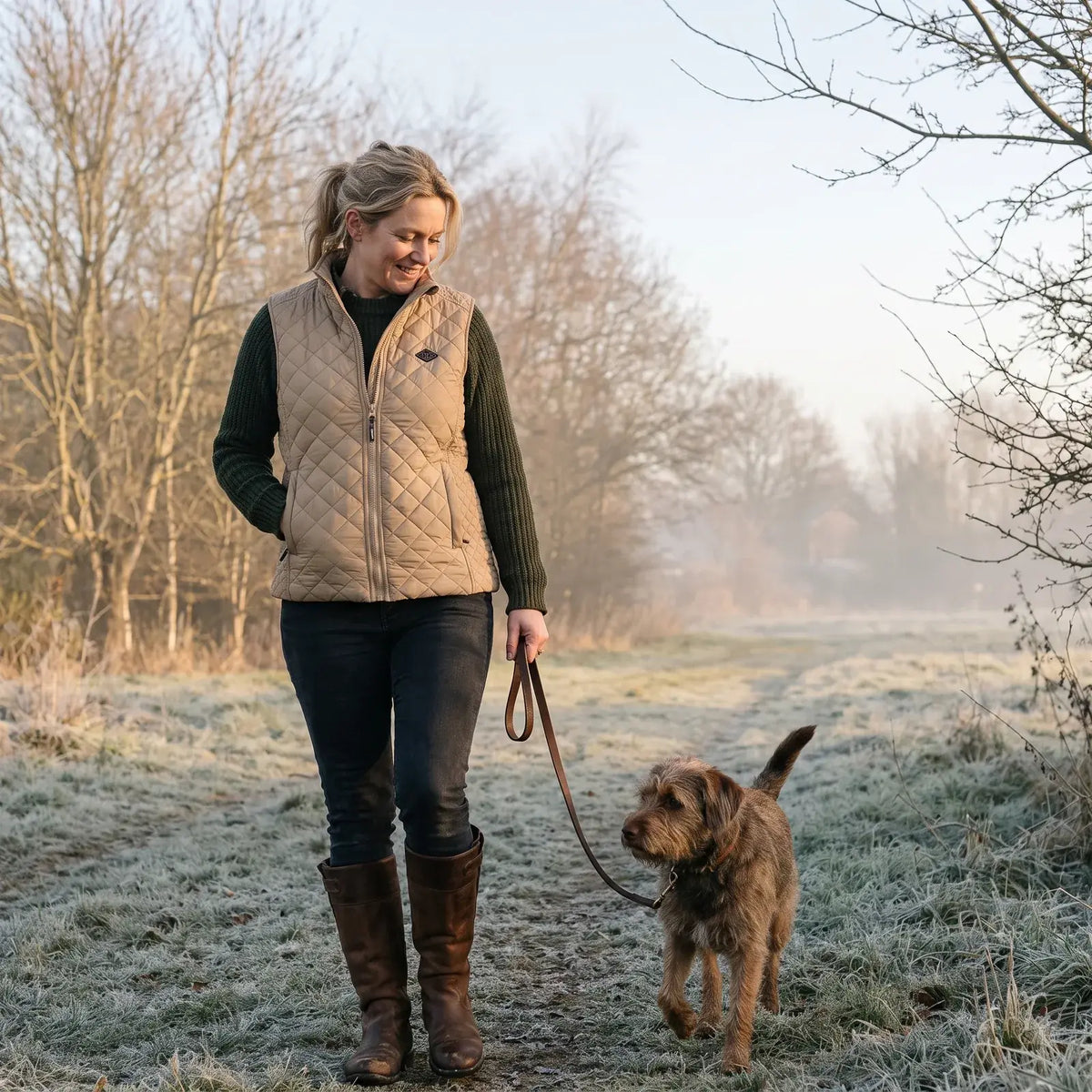Frau mit Hund auf einem frostigen Feldweg, in der sandfarbenen Heizweste