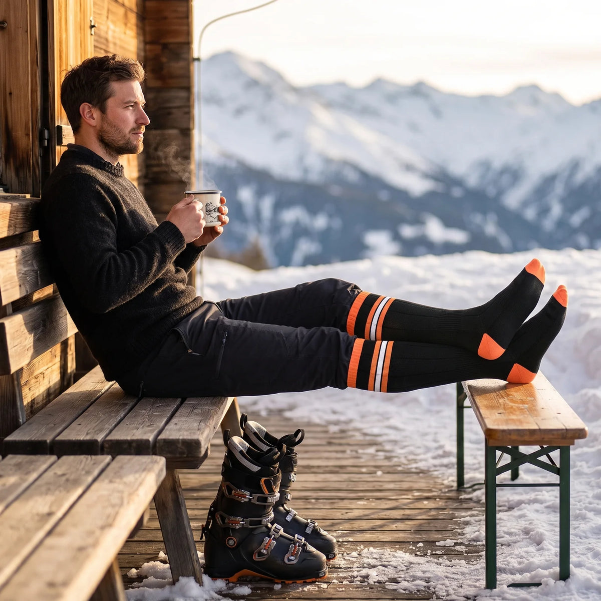 Mann auf der Hüttenterrasse nach der Skitour, Füße in beheizten Kniestrümpfen hochgelegt