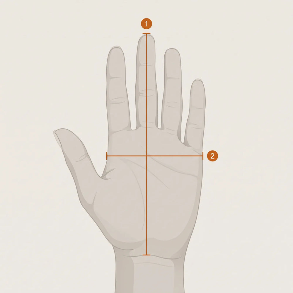 Offene Hand mit zwei Messlinien: 1 Handlänge, 2 Handbreite