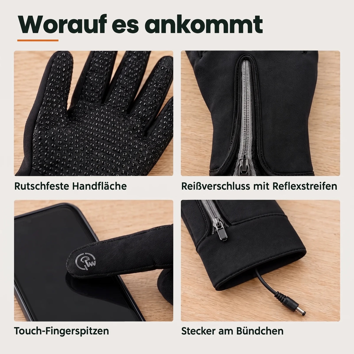 Details des Griff: rutschfeste Handfläche, Reißverschluss mit Reflexstreifen, Touch-Fingerspitzen, Stecker am Bündchen