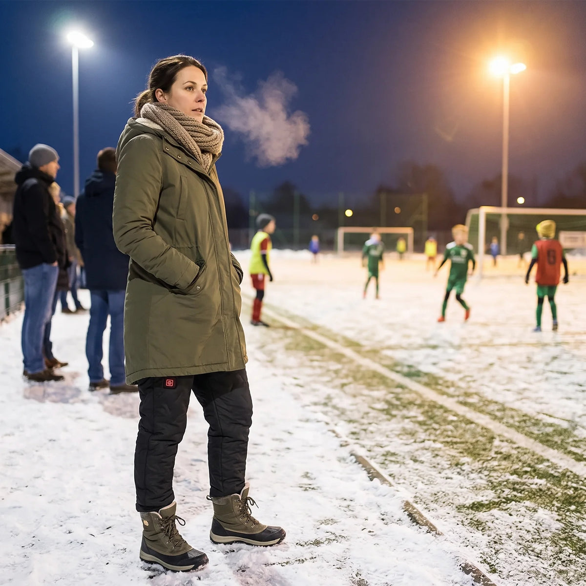 Frau in schwarzer beheizter Hose am Rand eines verschneiten Fußballplatzes unter Flutlicht