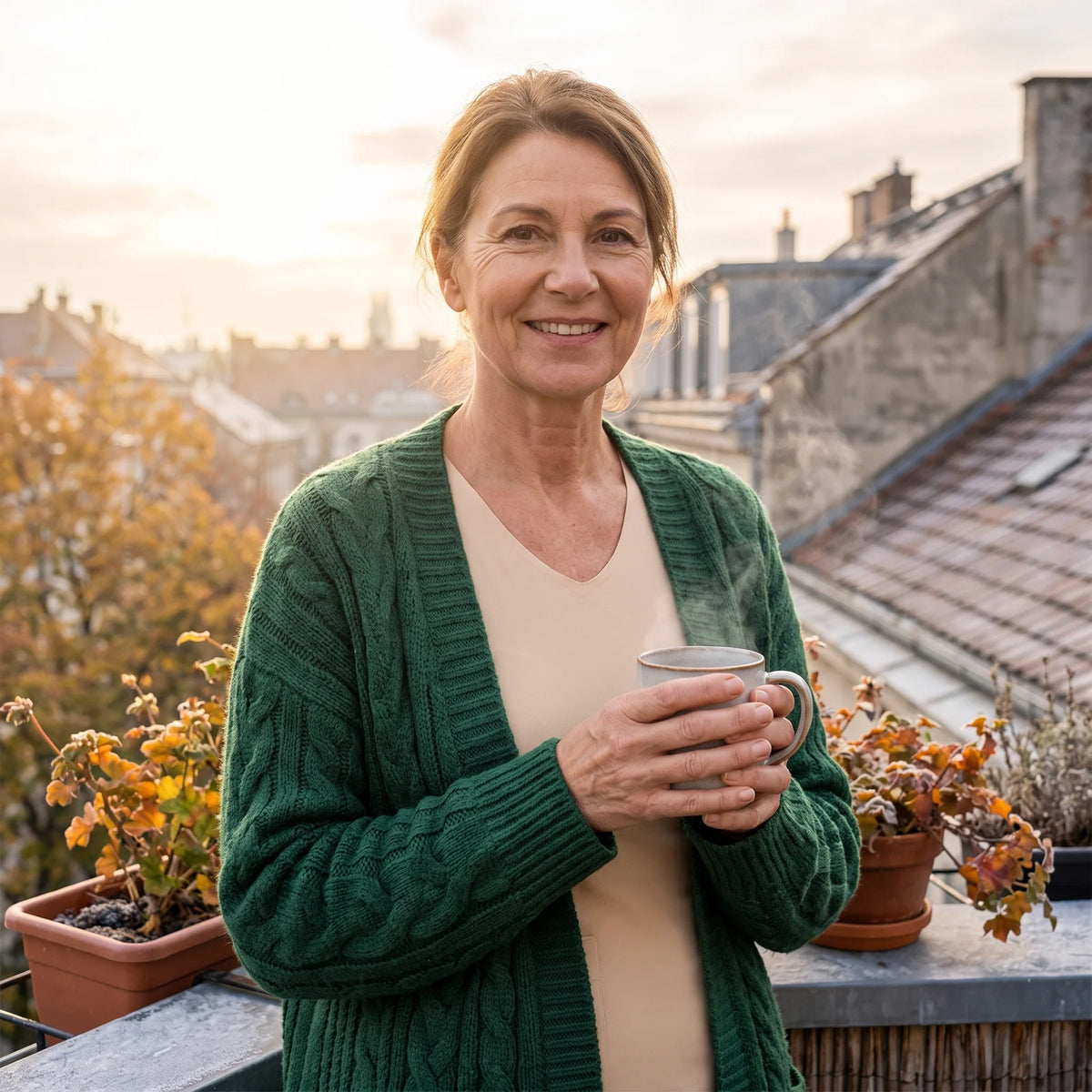 Frau mit beigem Unterhemd unter der Strickjacke mit Teetasse auf dem Balkon am Morgen
