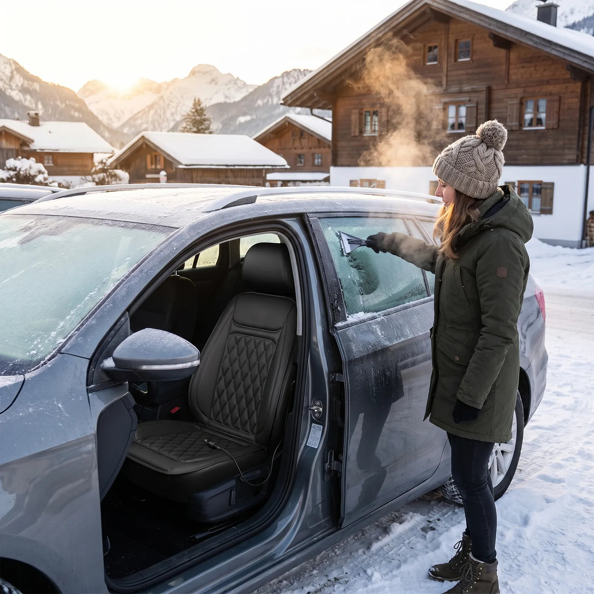 Frau kratzt am Wintermorgen die Scheibe frei, auf dem Autositz liegt die Sitzauflage Pass