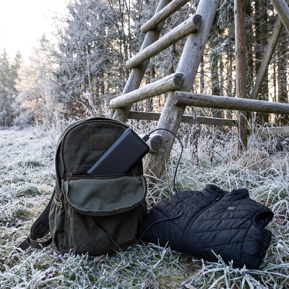 Powerbank 20.000 mAh im Rucksack am Hochsitz, Kabel zur beheizten Weste