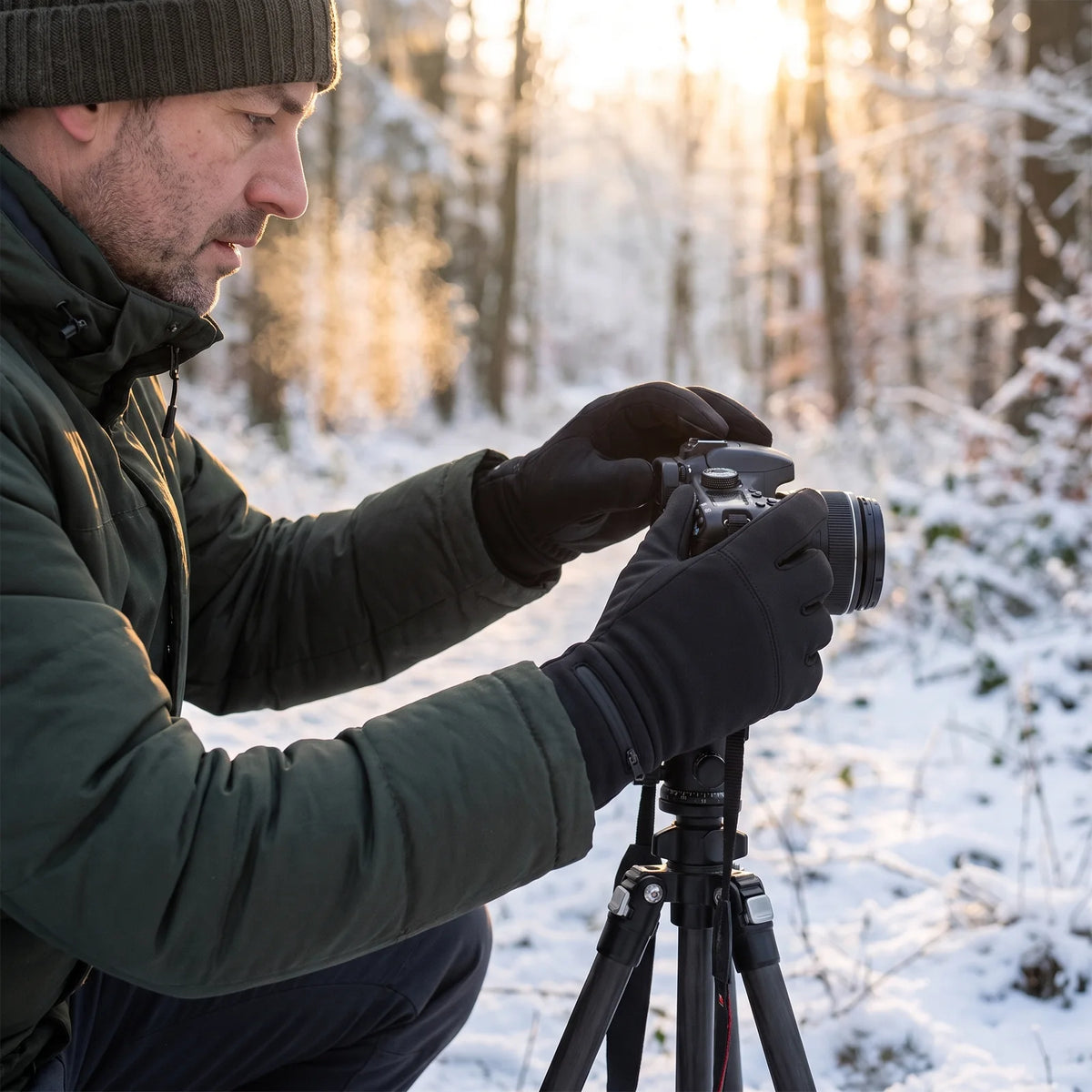 Fotograf stellt im verschneiten Wald seine Kamera ein, mit dünnen beheizten Handschuhen