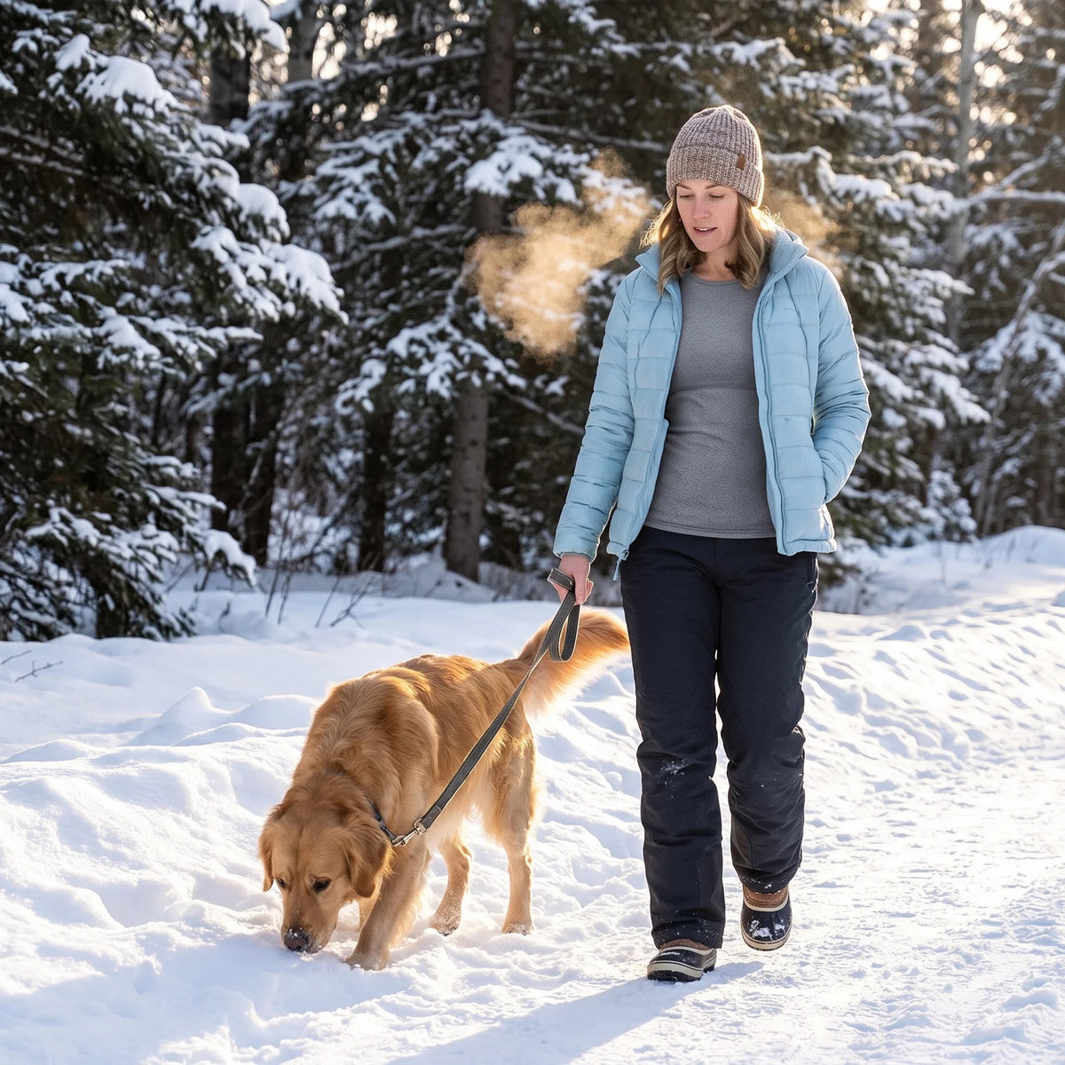 Frau im grauen Thermo-Oberteil unter der Daunenjacke beim Spaziergang mit Hund im Schnee