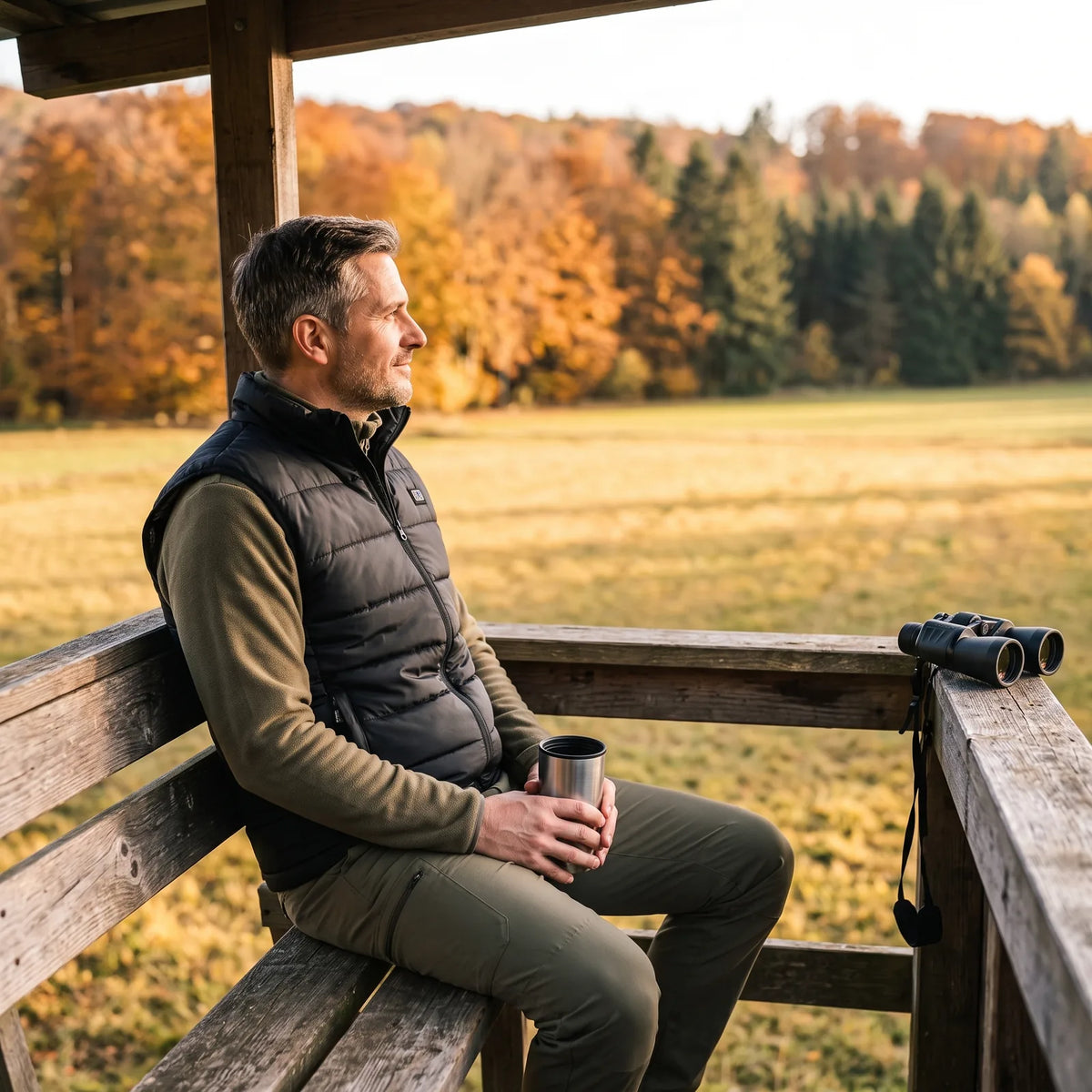Mann in der beheizten Weste Grat sitzt am Herbstnachmittag auf dem Hochsitz